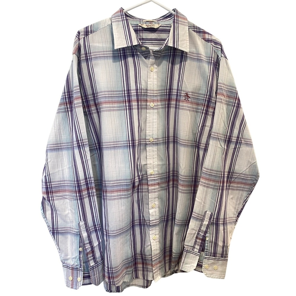 Penguin Plaid Button Down‎ Long Sleeve Shirt Mens XL Purple Blue Classic Fit